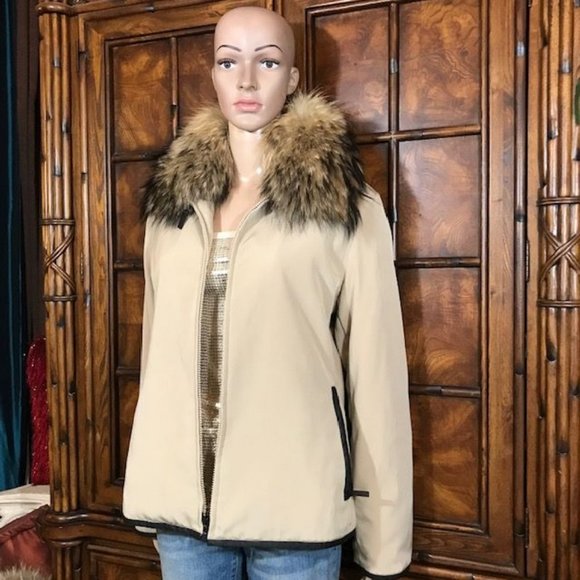 Anne Klein Genuine Raccoon Fur Detachable Collar Vegan Leather Trim Zip Jacket - Picture 2 of 16